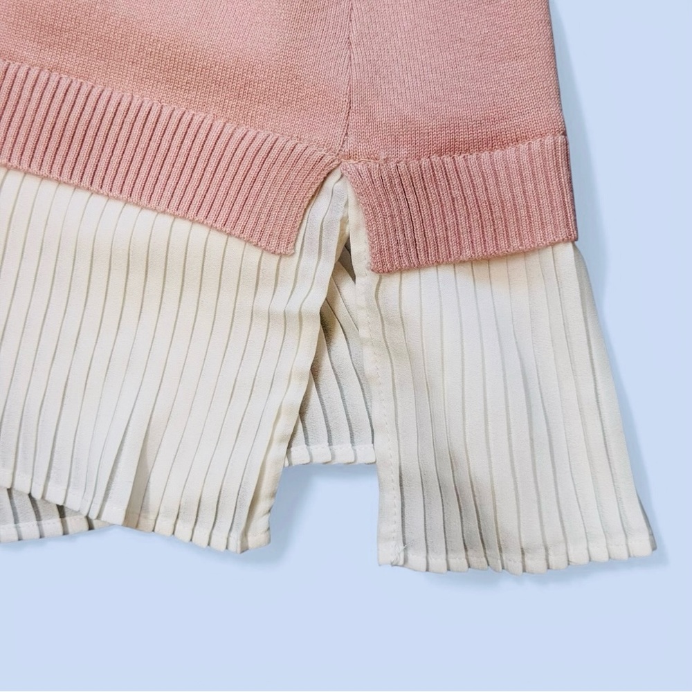 Adrianna Papell Twofer Sweater Top Pleated Trim Pink White - Picture 6 of 13